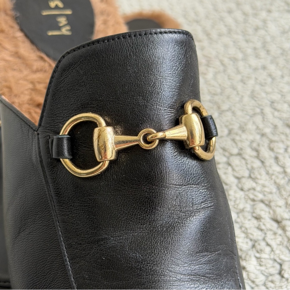 Black Fur-Lined Leather Mule Loafers with Gold Horsebit, Made in Spain, Size 8 - Picture 9 of 9